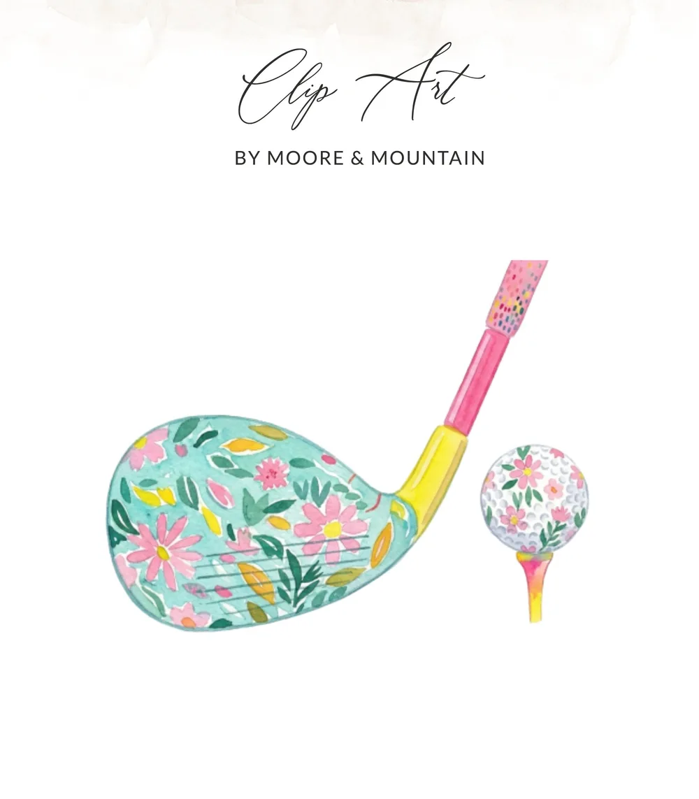Floral golf club and tee with ball.
