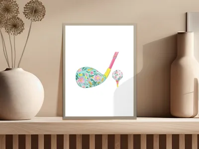Floral golf club and ball on tee with dried flowers in vase.