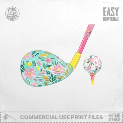 Watercolor illustration of a pink and yellow golf club with floral design and a golf ball.