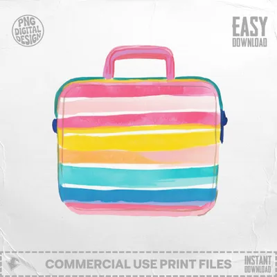 Striped lunchbox with pink handle against a light background.