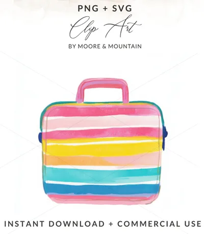 Colorful striped lunchbox with handles and a text overlay.