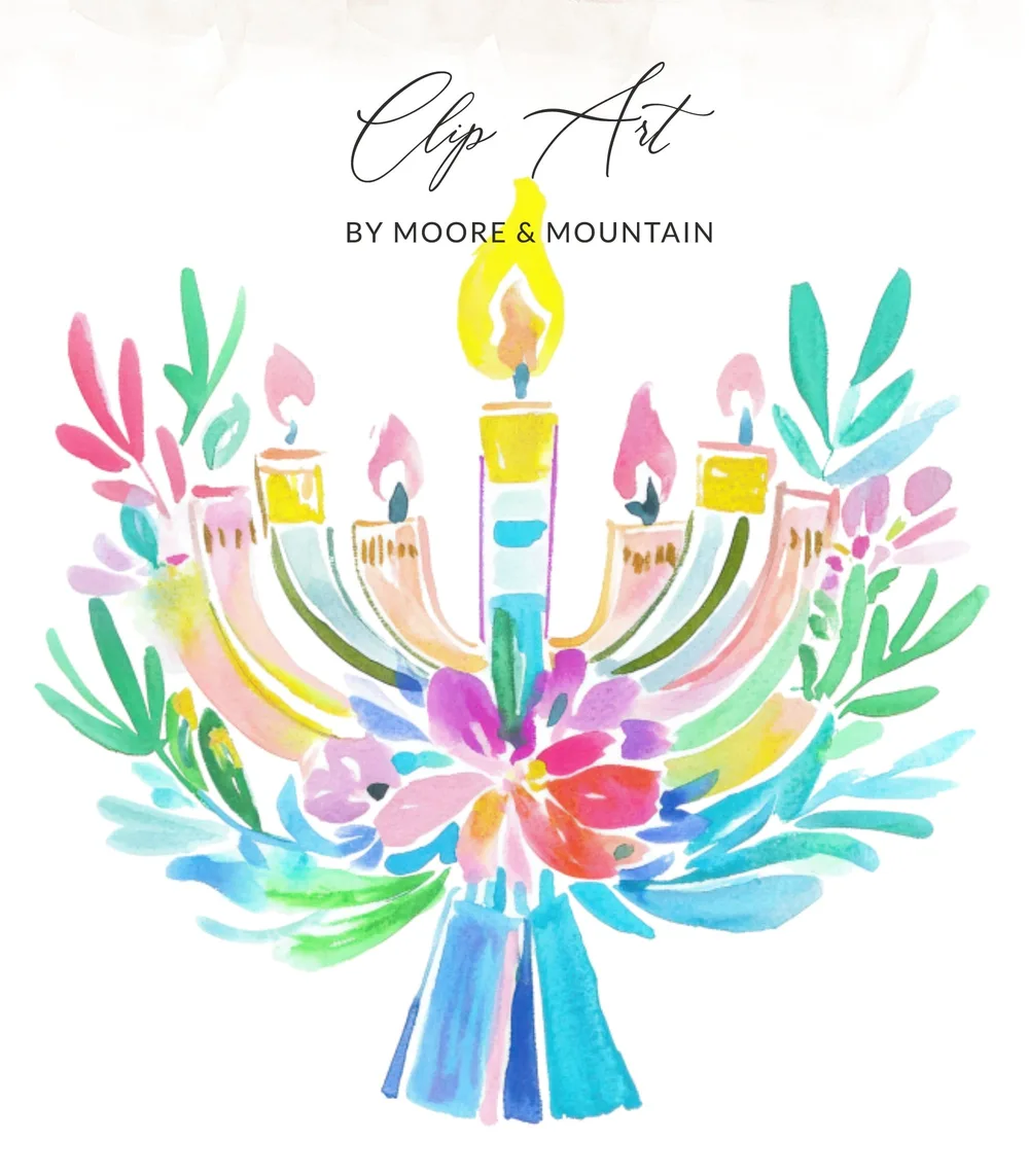 Watercolor menorah with colorful flowers and leaves, "Clip Art" text.