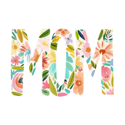 "MOM" spelled out in colorful watercolor floral letters.