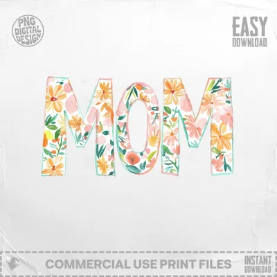 Floral MOM text with watercolor flowers and leaves.