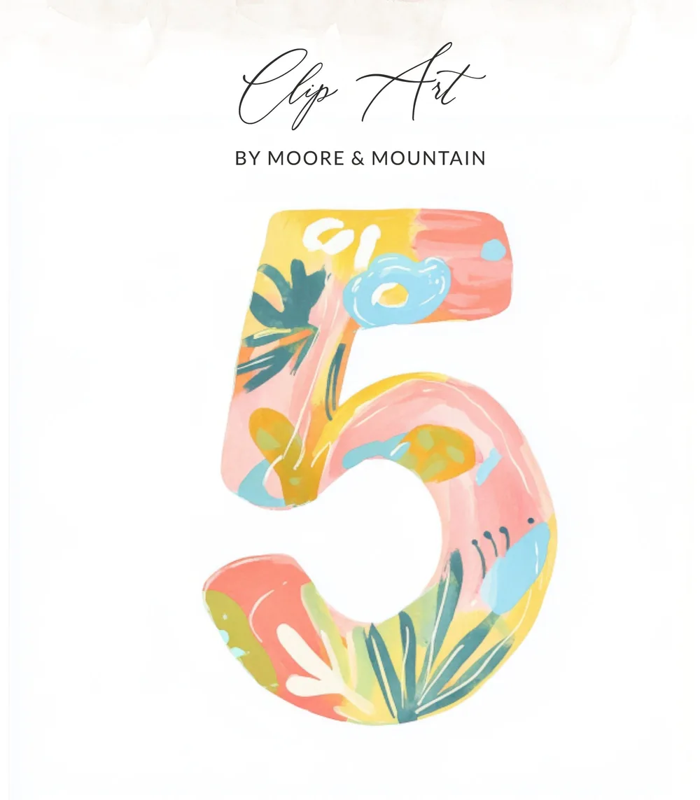 Colorful "5" clip art with floral and leaf patterns.