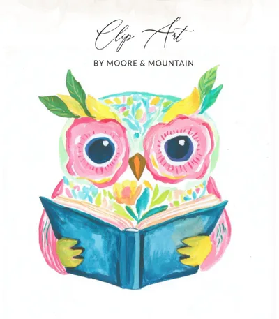 Preppy Painterly Owl Reading Book SVG, Hand Painted PNG Clipart, Gouache Style Illustration, Vibrant Watercolor Graphic, Dreamy Pastel Art