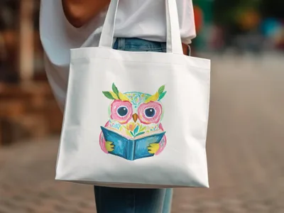 White canvas tote bag featuring a colorful watercolor owl reading a book.