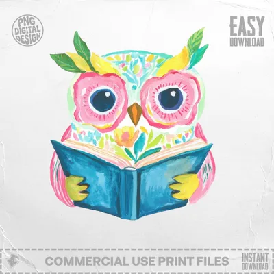 Watercolor owl reading a book, with "Easy Download" text.