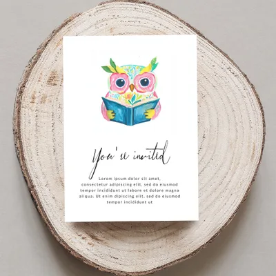 Invitation with watercolor owl reading book, "You're invited" and placeholder text.