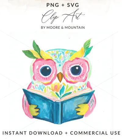 Watercolor owl reading an open book, with floral accents.