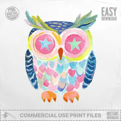 Whimsical painted owl with star eyes and colorful feathers.