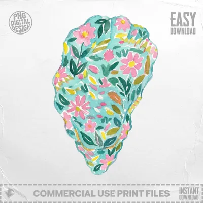 Watercolor oyster shell illustration with pink flowers and green leaves, PNG download.