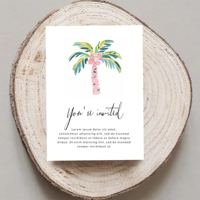 Invitation with palm tree illustration and "You're invited" text.
