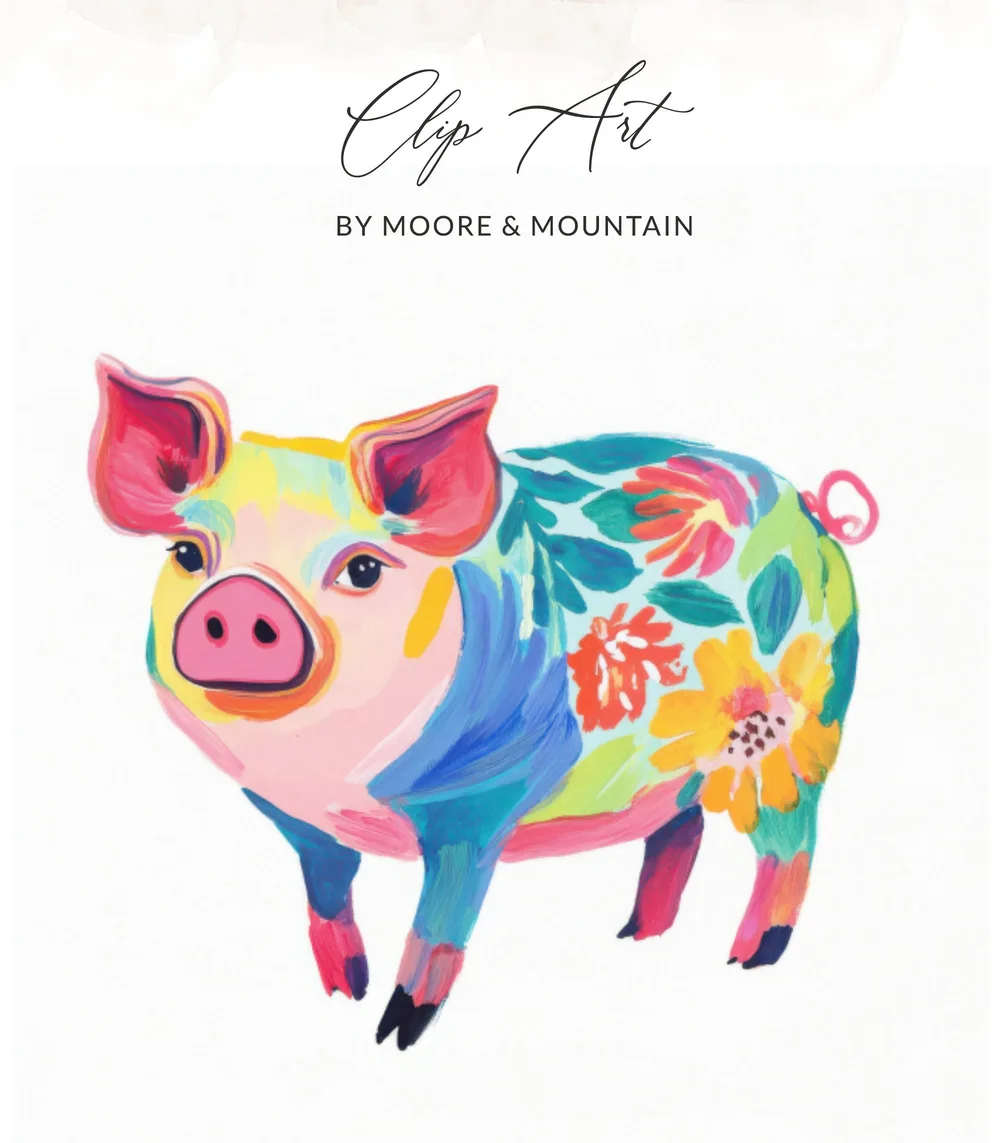 Colorful pig illustration with floral accents, titled "Clip Art".