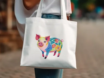White tote bag with a colorful floral pig illustration.