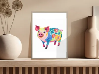 Colorful pig illustration with floral accents on framed art.