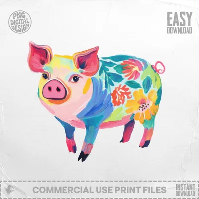 Colorful painted pig with floral designs.