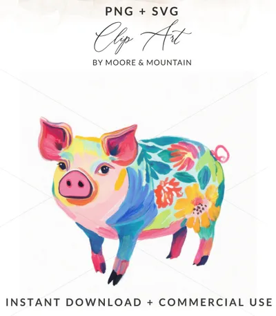 Colorful, painted pig with floral accents and text.