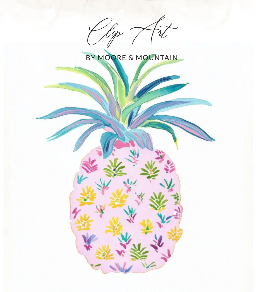 Pink watercolor pineapple with green leaves and floral pattern.
