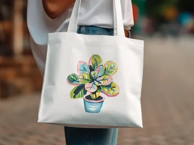 White tote bag with colorful potted plant illustration.