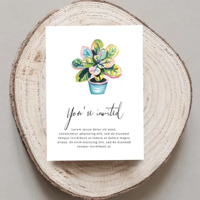 Invitation card with potted plant illustration and "You're invited" text.
