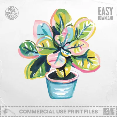 Watercolor illustration of a potted plant with pink and green leaves.