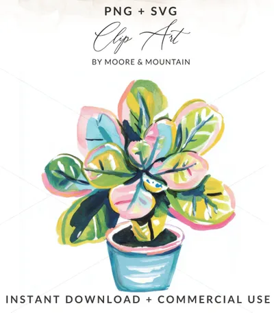 Colorful potted plant illustration with "PNG + SVG" and "INSTANT DOWNLOAD + COMMERCIAL USE" text.
