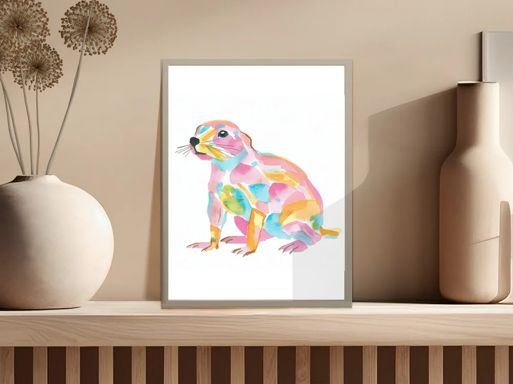 Watercolor painting of a colorful prairie dog on a wooden shelf.