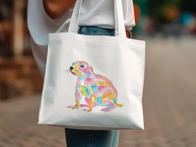 White tote bag with a colorful watercolor painting of a prairie dog.