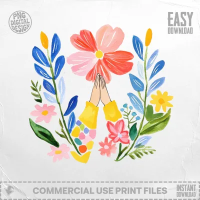 Illustration of hands in prayer surrounded by colorful floral and leaf elements.
