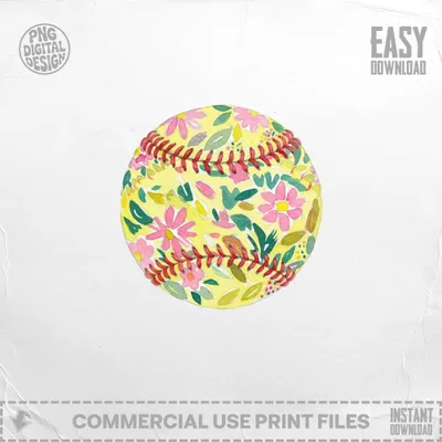 Watercolor baseball with pink flowers and green leaves, "PNG DIGITAL DESIGN" and "EASY DOWNLOAD" text.