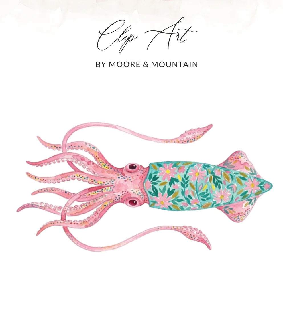 Pink squid illustration with floral pattern on body and tentacles.