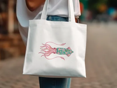 White canvas tote bag featuring a pink squid with floral pattern body.