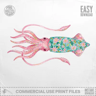 Pink watercolor squid with floral pattern on body.