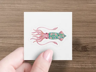 Squid illustration with pink tentacles and floral pattern on white square.