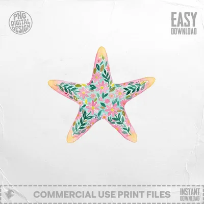 Watercolor starfish illustration with pink flowers and green leaves on a light background.