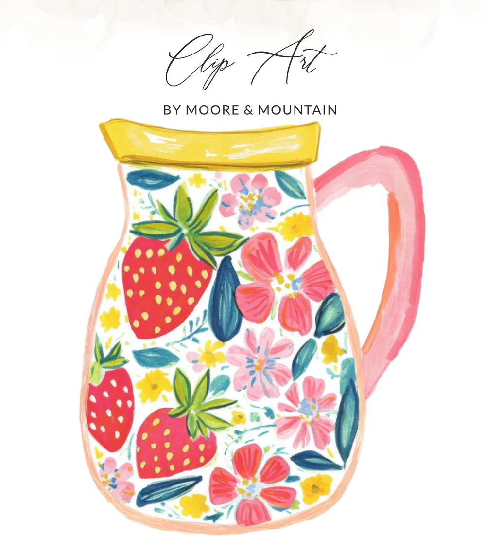 Colorful pitcher with strawberries and floral design, text "Clip Art by Moore & Mountain".