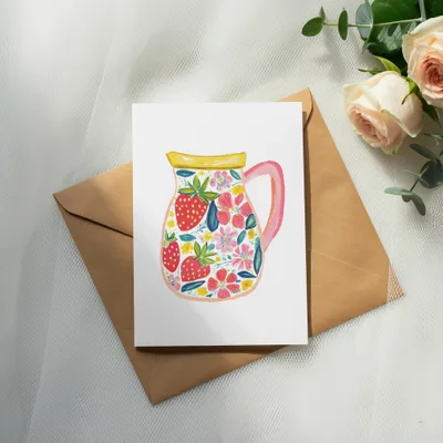 Illustration of a pink pitcher filled with strawberries and colorful flowers.
