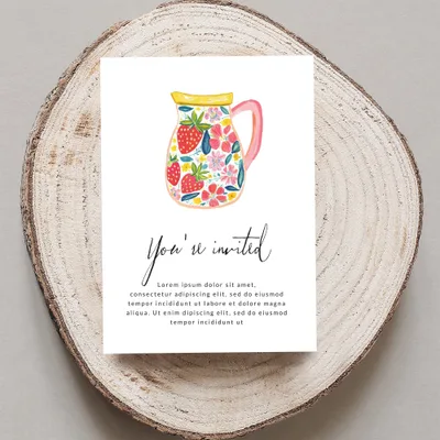Invitation with floral pitcher graphic and placeholder text.