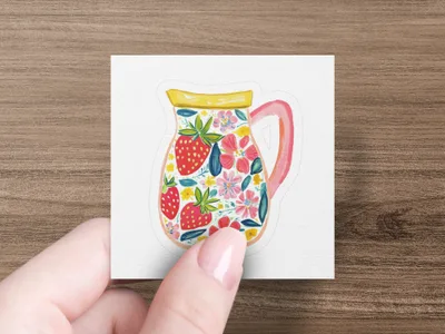 Illustration of a pitcher filled with strawberries and colorful flowers.