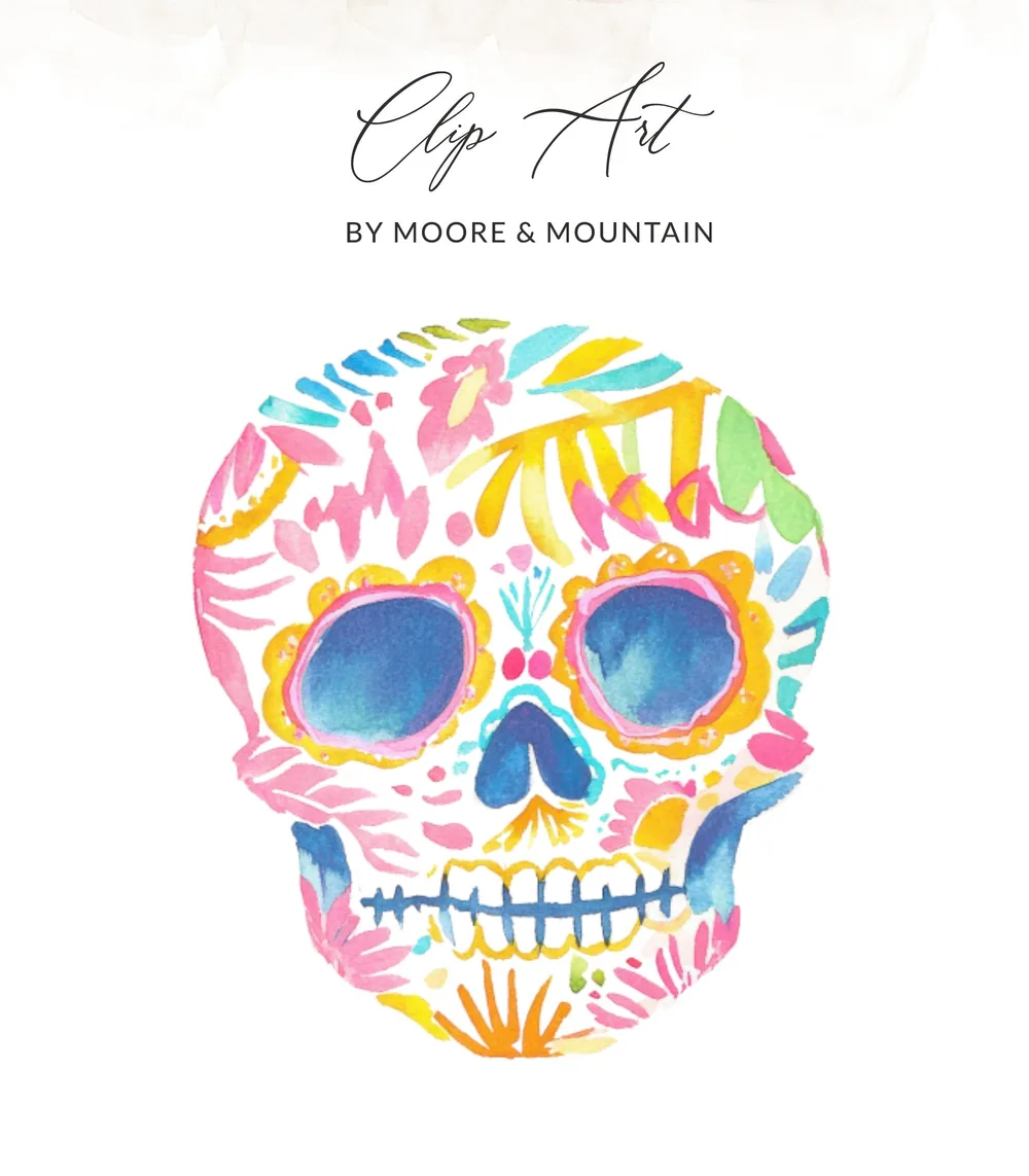 Colorful watercolor sugar skull with flowers and text "Clip Art".