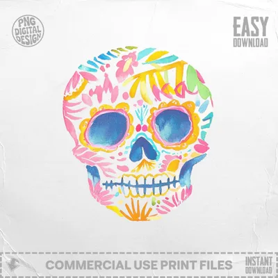 Watercolor sugar skull with floral accents and "Easy Download" text.
