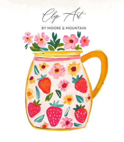 Preppy Painterly SVG Gouache Style Illustration Digital Clipart | Vibrant Strawberry Flower Pitcher PNG Graphic, Artsy Girly & Trendy Pastel