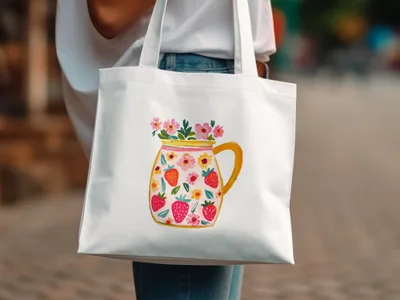 White tote bag with a watercolor design of strawberries and flowers in a mason jar.