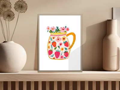 Jar of strawberries and flowers with a light background.