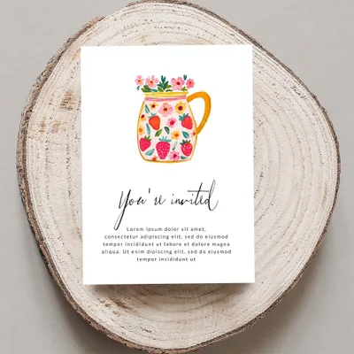 Invitation card with floral mug, strawberries, and placeholder text.