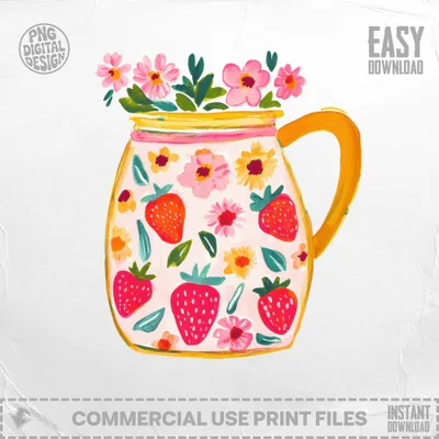 Yellow mug with strawberries, flowers, and "Easy Download" text.