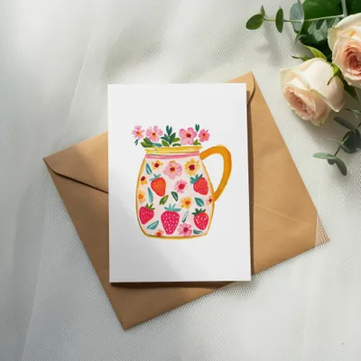 Card with a watercolor illustration of a jar of strawberries and flowers.