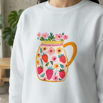 White sweatshirt with a colorful strawberry and floral jar design.