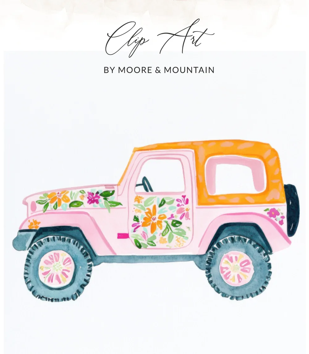 Pink watercolor Jeep with floral decals and orange top.